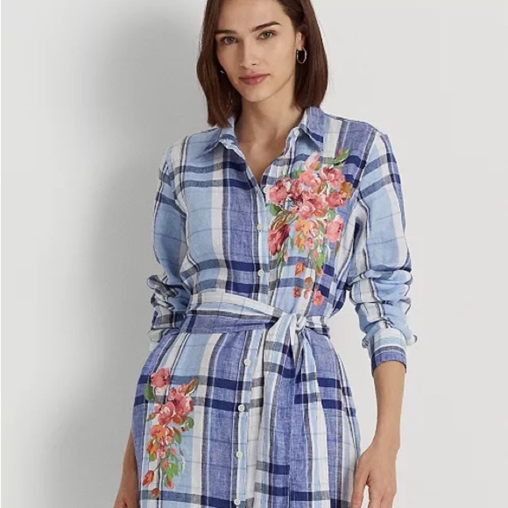 Polo by Ralph Lauren Blue Plaid Dress with Floral Accents